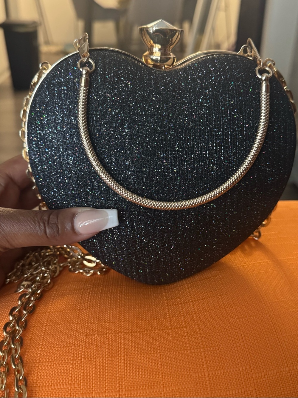 Black Glitter Heart Clutch with Gold Chain